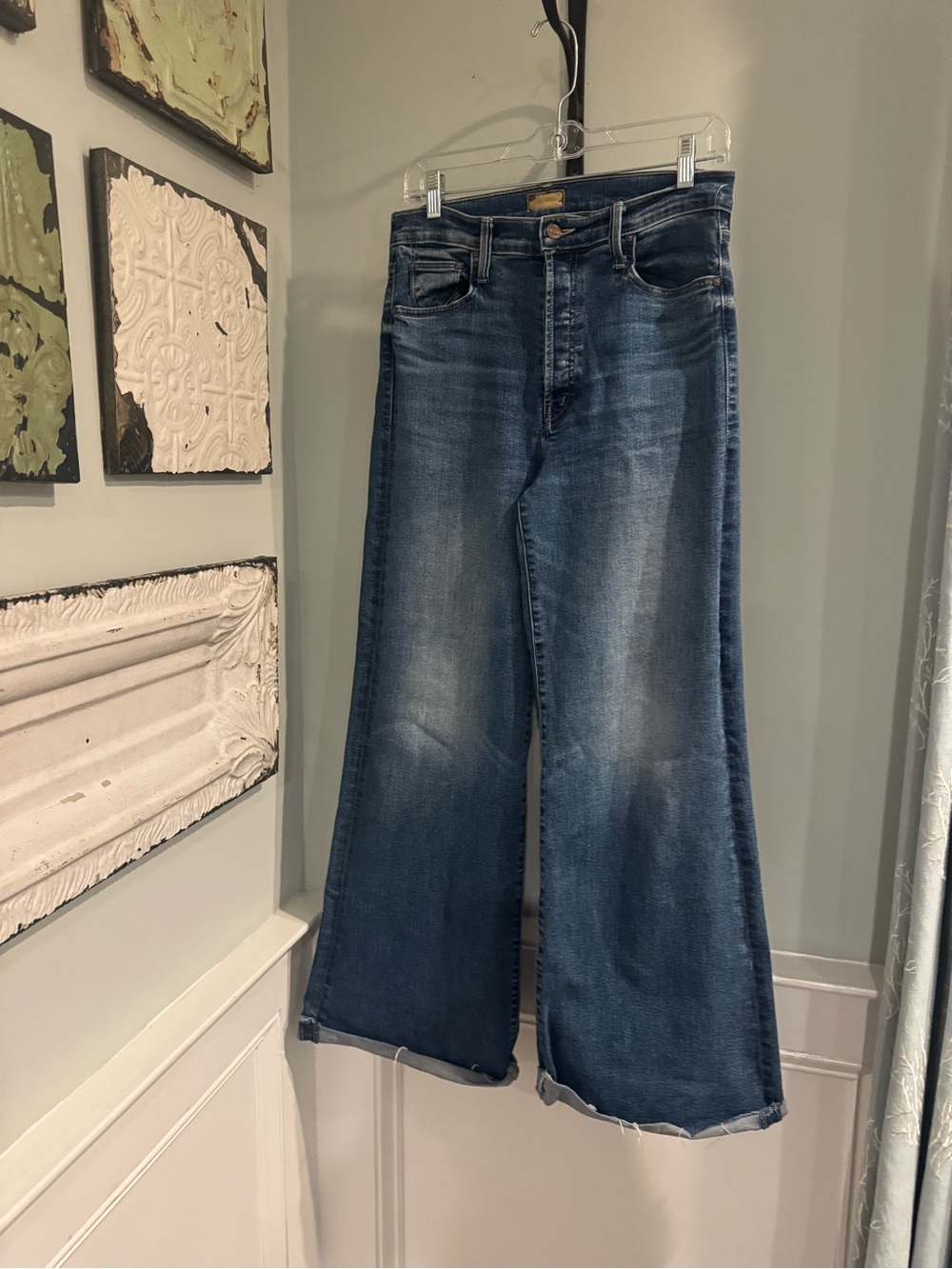 MOTHER Tomcat Roller Sneak Sixth Sense Fray Mid-Blue Wide Leg Flare Jeans